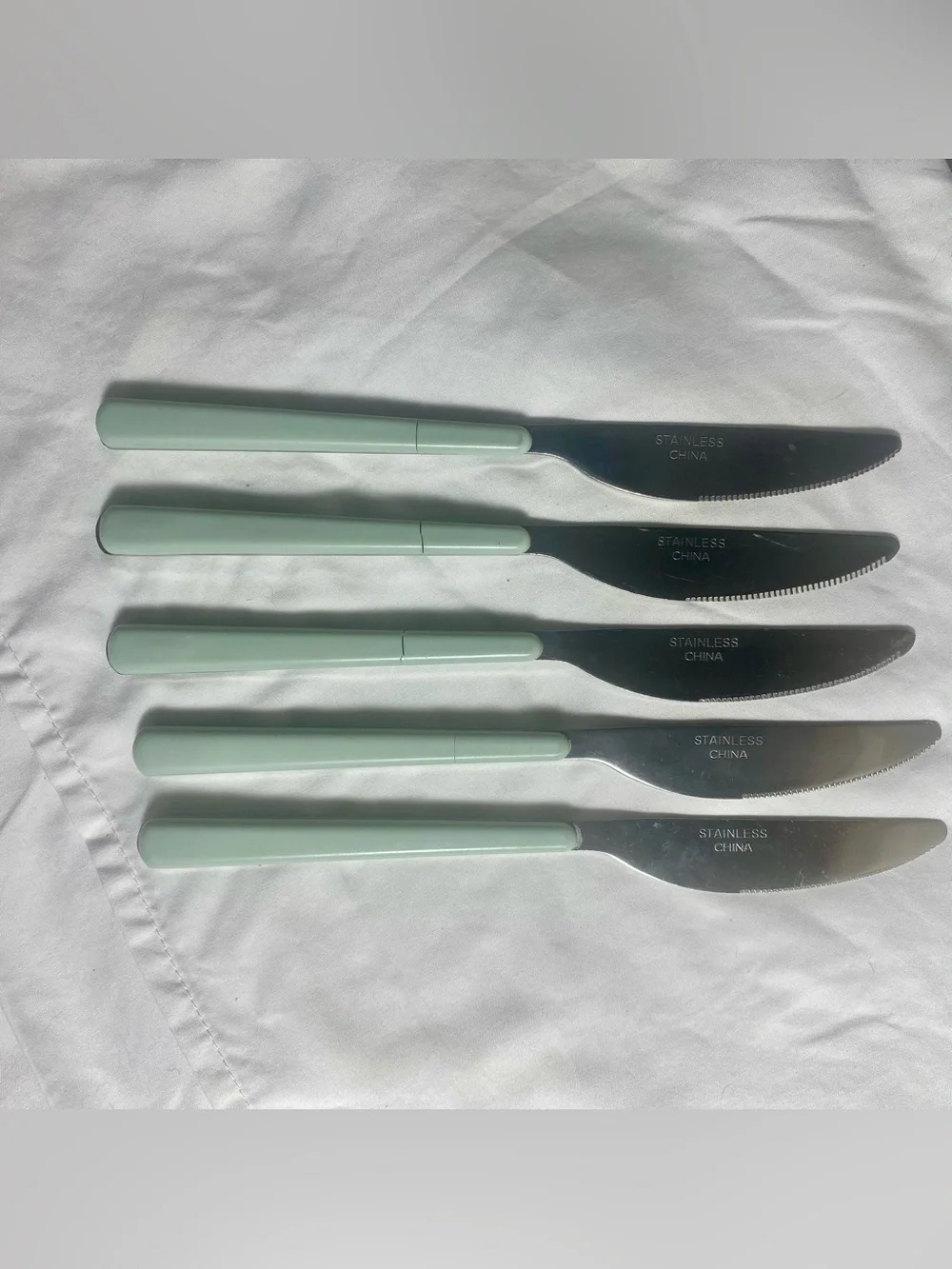 Vintage Set of 5 Green Handle Stainless Steel Table Knives